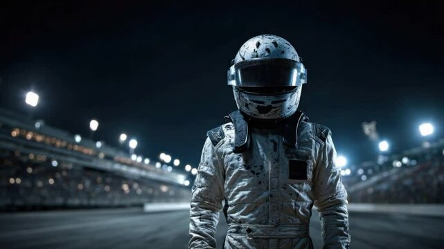 The Racer's Vigil: A determined racer stands poised on the starting line, helmet gleaming under the stadium lights, embodying focus and anticipation before the high-speed competition. 