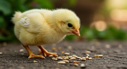 黄色いひよこが元気よく餌をついばむ 柔らかな自然光. AI Generated