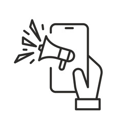Hand holding phone with megaphone. Digital marketing icon. Line vector illustration. Promo blog online. Campaign simple symbols.