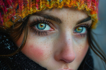 portrait of a beautiful bright girl with dark hair and green-blue eyes, face close-up