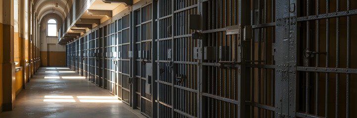 Dramatic Interior View of Prison Cell Block Corridor with Sunlight and Shadows