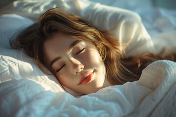 portrait of a beautiful young girl sleeping in bed on a white pillow in the rays of sunlight in the morning