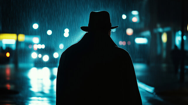 Um homem de chap&eacute;u, silhuetado na chuva, permanece amea&ccedil;adoramente nas ruas da cidade &agrave; noite, capturando uma atmosfera tensa e noir de crime.