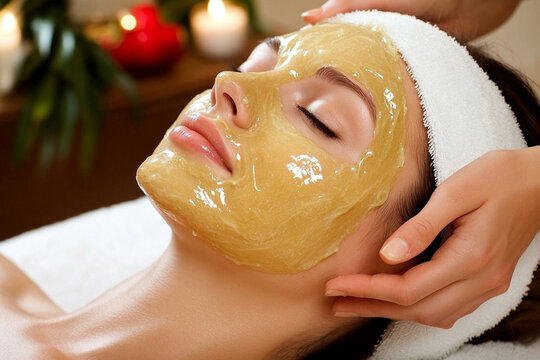 Woman relaxing while applying a honey face mask during spa treatment