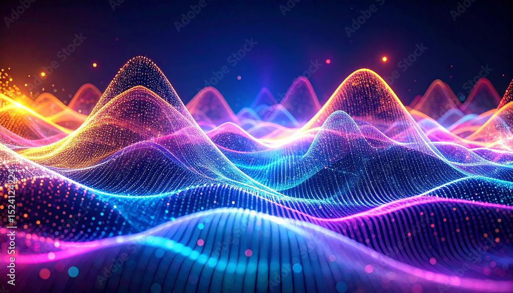 Poster vibrant soundscape: a captivating visualization of sound waves, rendered with glowing colors and dyn