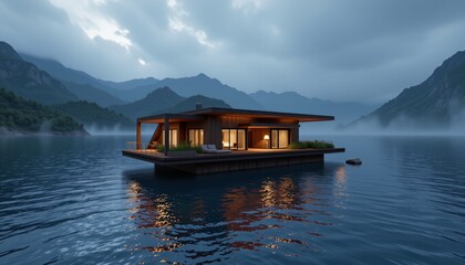 Fototapeta premium a floating home overlooking the ocean, after rain, ultra realistic, 8k, architectural visualization, unreal engine style