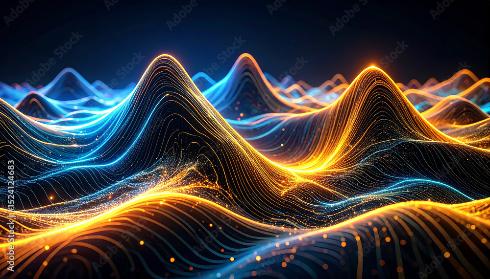 Poster illuminated peaks: a captivating visualization of data streams forming radiant peaks, offering a mod
