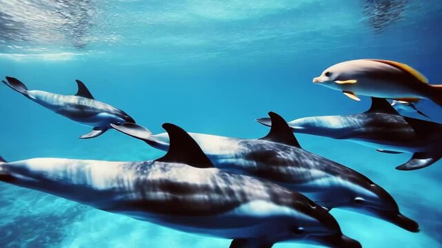 A group of dolphins swimming in the ocean. The water is blue and the dolphins are in the middle of the ocean