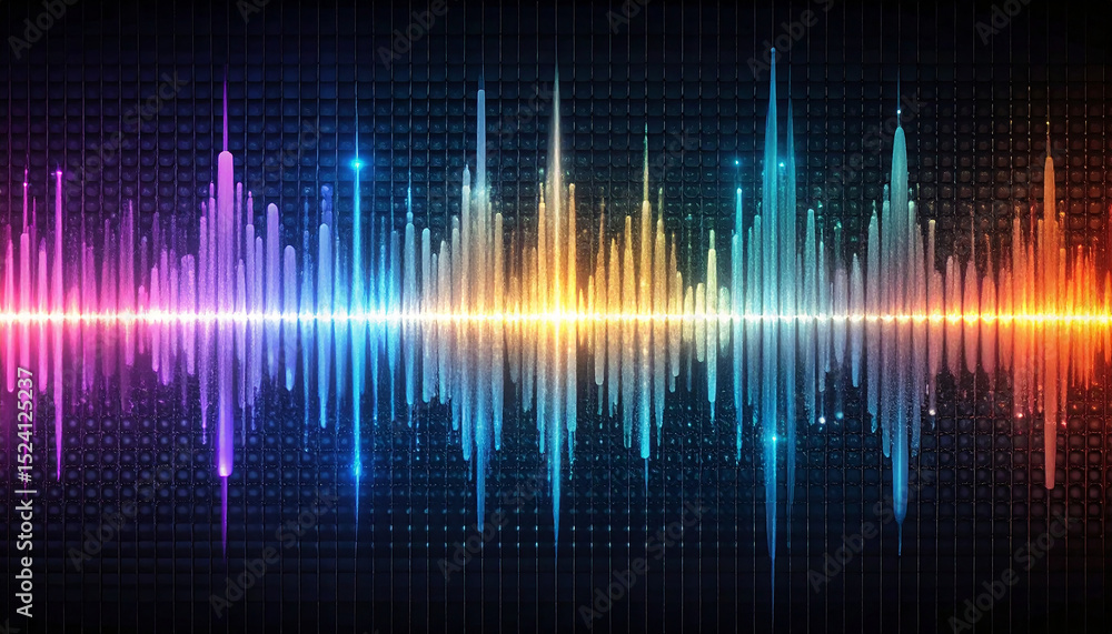 Poster sound wave visualization: a vibrant, multicolored sound wave visualization, abstract design with dyn