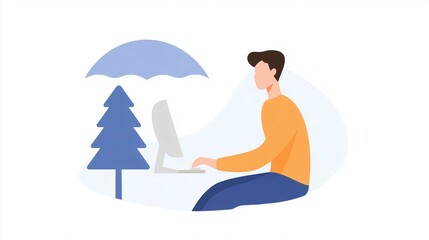 Obraz premium Illustration of a person working on a computer under an umbrella beside a tree, representing remote work and outdoor productivity in a serene environment