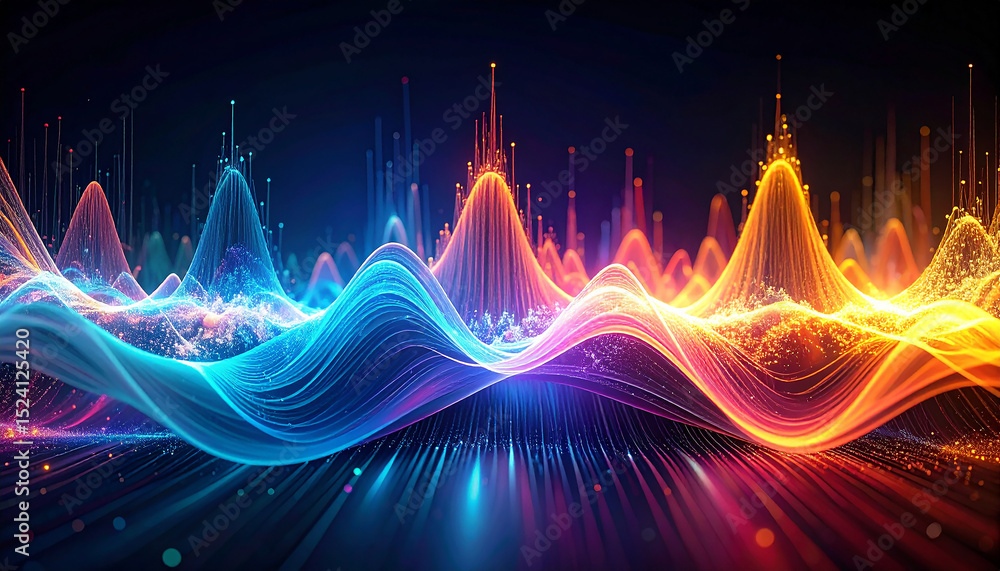 Poster abstract data wave: vibrant, dynamic data visualization, featuring a mesmerizing wave of colorful li