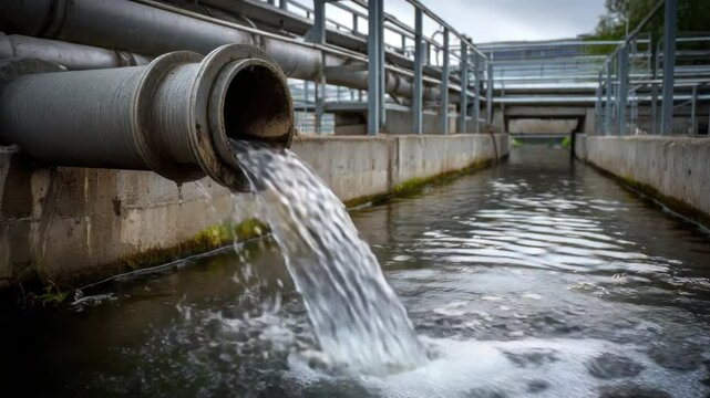 Water discharge from the pipeline: A detailed look at the outflow of clean water from an industrial pipe. Illustrating engineering precision and its relationship with the environment.