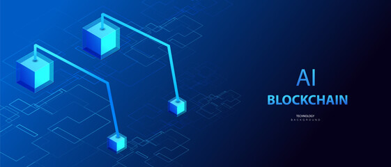 Blockchain isometric banner. Cryptocurrency and blockchain connected cube blocks. Big data Ai chain technology background. Data transmission operations vector.