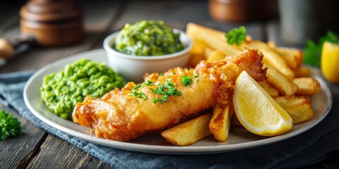 Classic british fish and chips dish accompanied by mushy peas, lemon, and parsley on a white plate against a dark wooden background