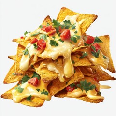Pile of Crispy Tortilla Chips Topped with Melted Cheese, Diced Tomatoes, and Fresh Herbs on Bright White Background