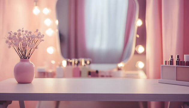 Defocused makeup mirror in dressing room with wooden table top
