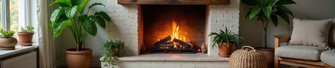 Cozy living room featuring a thriving hearth plant, adding warmth and life to the fireplace mantel Perfect for home decor, interior design, and plant lover themes , planter, mantelpiece