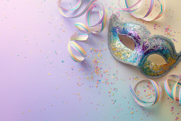 Top-Down View of Glittering Mardi Gras Mask with Streamers and Confetti on Pastel Gradient Background