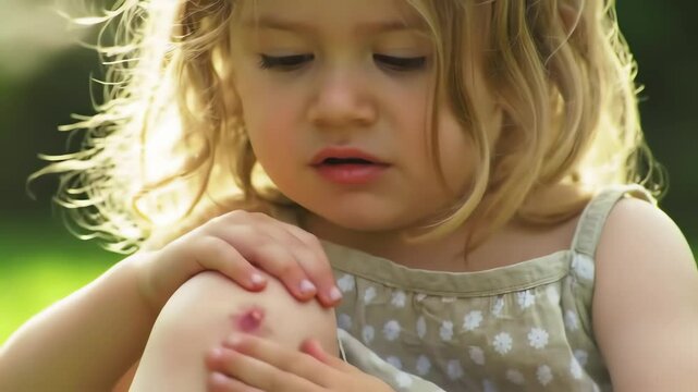 Little girl scratching insect bite on swollen knee outdoors  