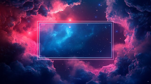a rectangle filled with blue color in center of an empty galaxy, with a nebulae background, a blue and red color scheme, a minimalistic design, and high resolution, in the style of an illustration, Zi