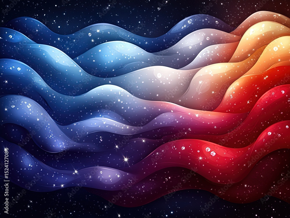 Aufkleber cosmic red white and blue abstract wave background with sparkling stars and soft gradient layers for