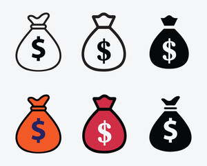 Set of Money Bag Icons in Line & Colorful Vector on White Background