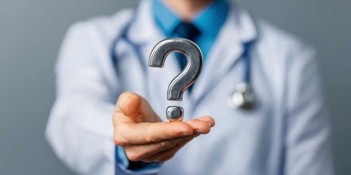 Image of a doctor with a stethoscope holding a large metal question mark