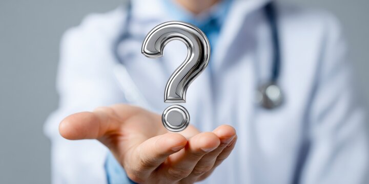 Image of a doctor with a stethoscope holding a large metal question mark - Powered by Adobe