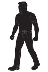 Silhouette of a man with clenched jaw and fists at sides, trembling in rage