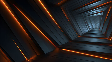 Obraz premium Abstract Futuristic Neon Corridor Glowing Orange Lines in Dark Tunnel