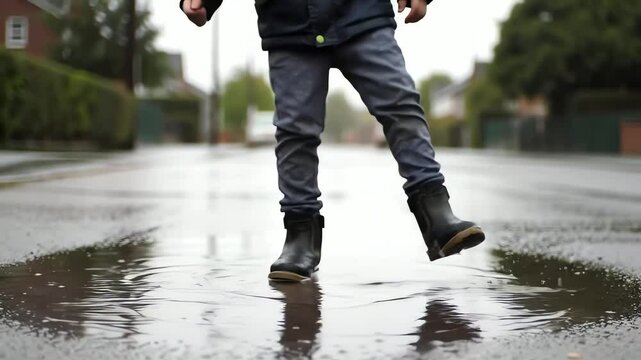Child splashing water while stomping in puddle on rainy street  