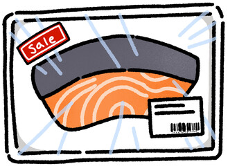 A hand-drawn cute illustration of a packaged salmon fillet with a discount sticker, perfect for grocery shopping, meal planning, and food-themed decoration.