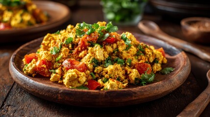 Rustic wooden table displays a vibrant and delicious plate of paneer bhurji, showcasing the colors and textures of this popular indian dish