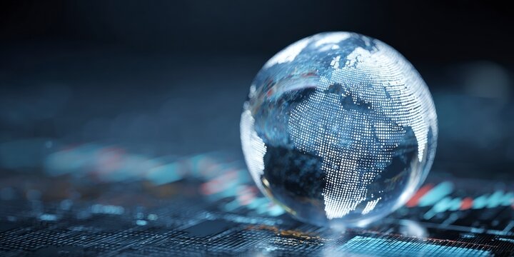 Rotating glass globe on a digital surface, displaying global market data and financial trends, emphasizing international trade connections
