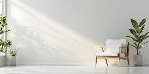 Fototapeta premium Interior of a bright living room with armchair on empty white wall background.