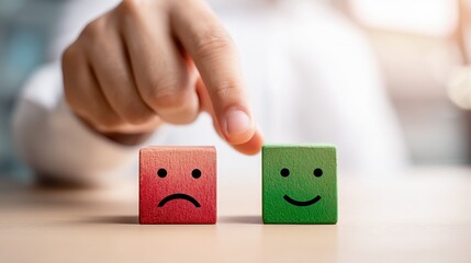 Customer experience research. Opinion. Select. Positive and negative aspects of performance and emotional expression. A consumer selecting between a red block with a sad face and a green one