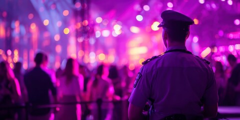 Security guard monitors a nightclub party with purple lights, ensuring safety. Standing at the back, they watch over dancing people in a vibrant bokeh background