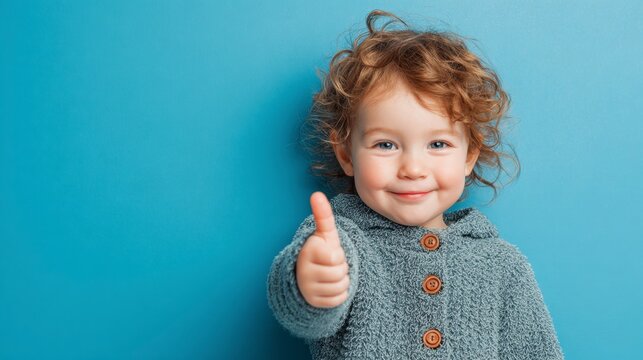 Smiling toddler boy happily giving a thumbs up against a blue background