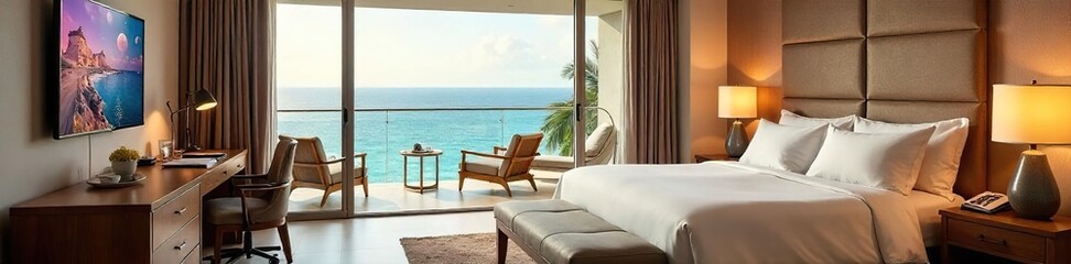 Naklejka premium A lavishly appointed hotel suite with ocean views, complete with a private balcony and luxurious amenities, perfect for a romantic getaway , romantic escape, premium, couple