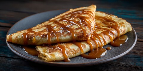 Two freshly made crepes lying on a plate, covered in delicious caramel sauce on a dark wooden table