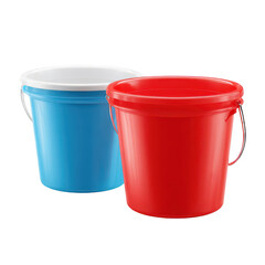 Colorful Plastic Buckets in Red and Blue for Various Uses in Gardening, Home Cleaning, Painting, Storage, and Outdoor Activities