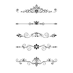Text dividers doodle set. Wedding decorative elements. Divider ornament borders vintage line separators. Line dividers. Decorative swirl text separators, vintage divider. Golden vintage floral element