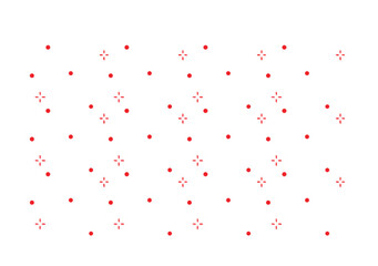 A pattern of red dots arranged in rows, varying from single dots to clusters, set against a white background.