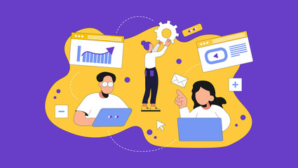 People with laptops, teamwork, web development