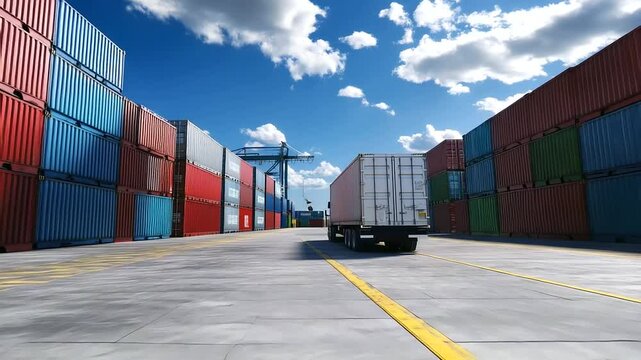 A bustling shipping yard where a bright, clean truck waits among cargo containers, side panel designed for perfect mockup placement