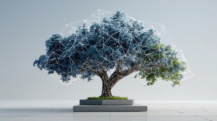 Fototapeta premium Minimalist 3D wireframe tree with plastic pollution data nodes, futuristic UI style, pure white background, tech environmentalism, digital illustration for designers, eco-awareness technology concept,