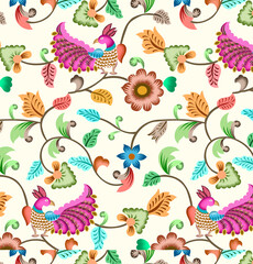 Multi Colour full Floral And Peacock handmade watercolour pattern design