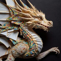 Intricate Paper Dragon Sculpture with Detailed Wings and Scales
