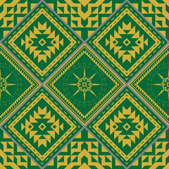 A bold seamless Aztec pattern in green and yellow tones, featuring tribal diamond shapes and star motifs. Great for textiles, boho decor, and ethnic-inspired design.