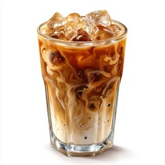 Creamy Iced Coffee with Ice Cubes and Swirls of Milk in a Clear Glass on a White Background